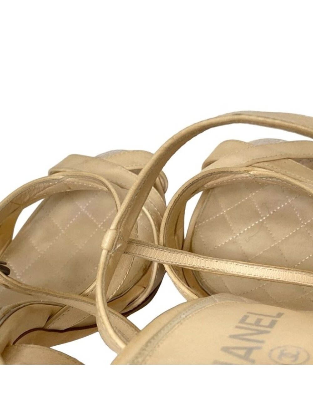 Chanel Sandals 38 Beige Coco Mark Outsole Reupholstered Leather - Picture 9 of 12